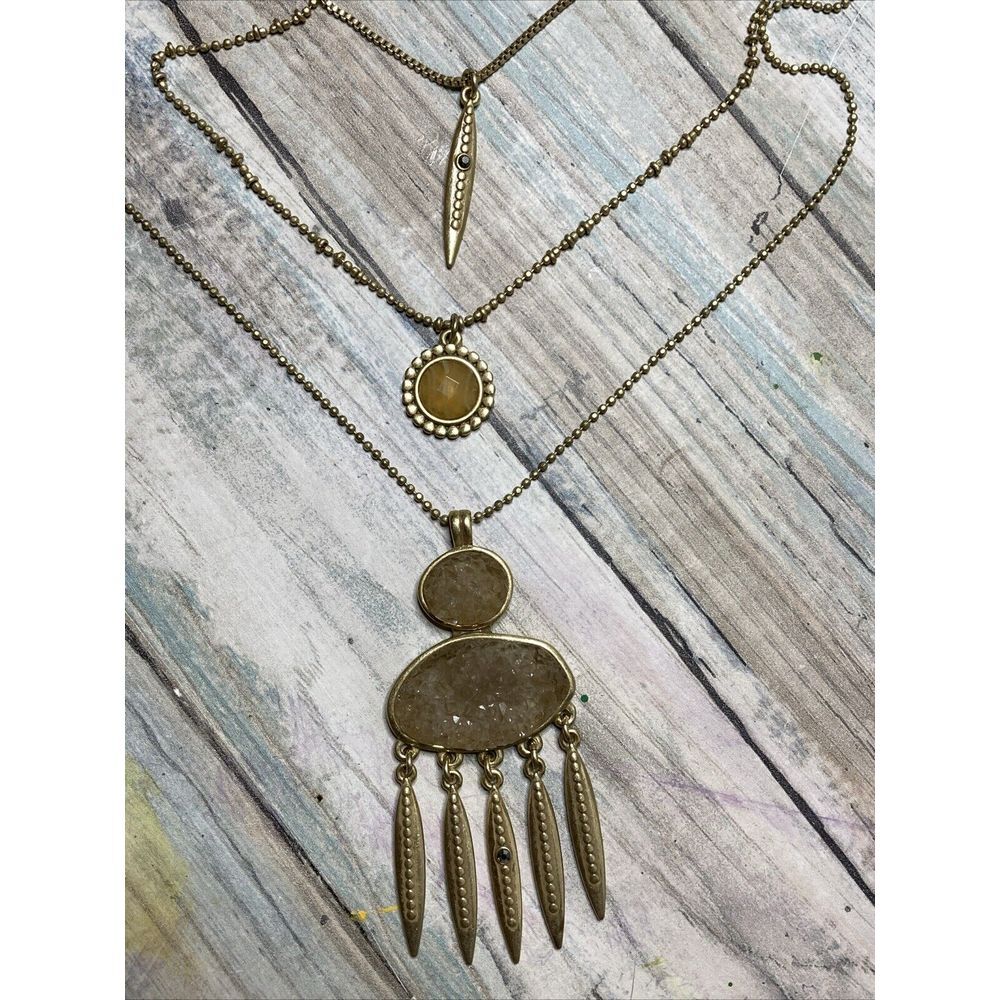 Lucky Brand Layer Gold Tone Necklace Charms‎ Druzy Stone Pendant